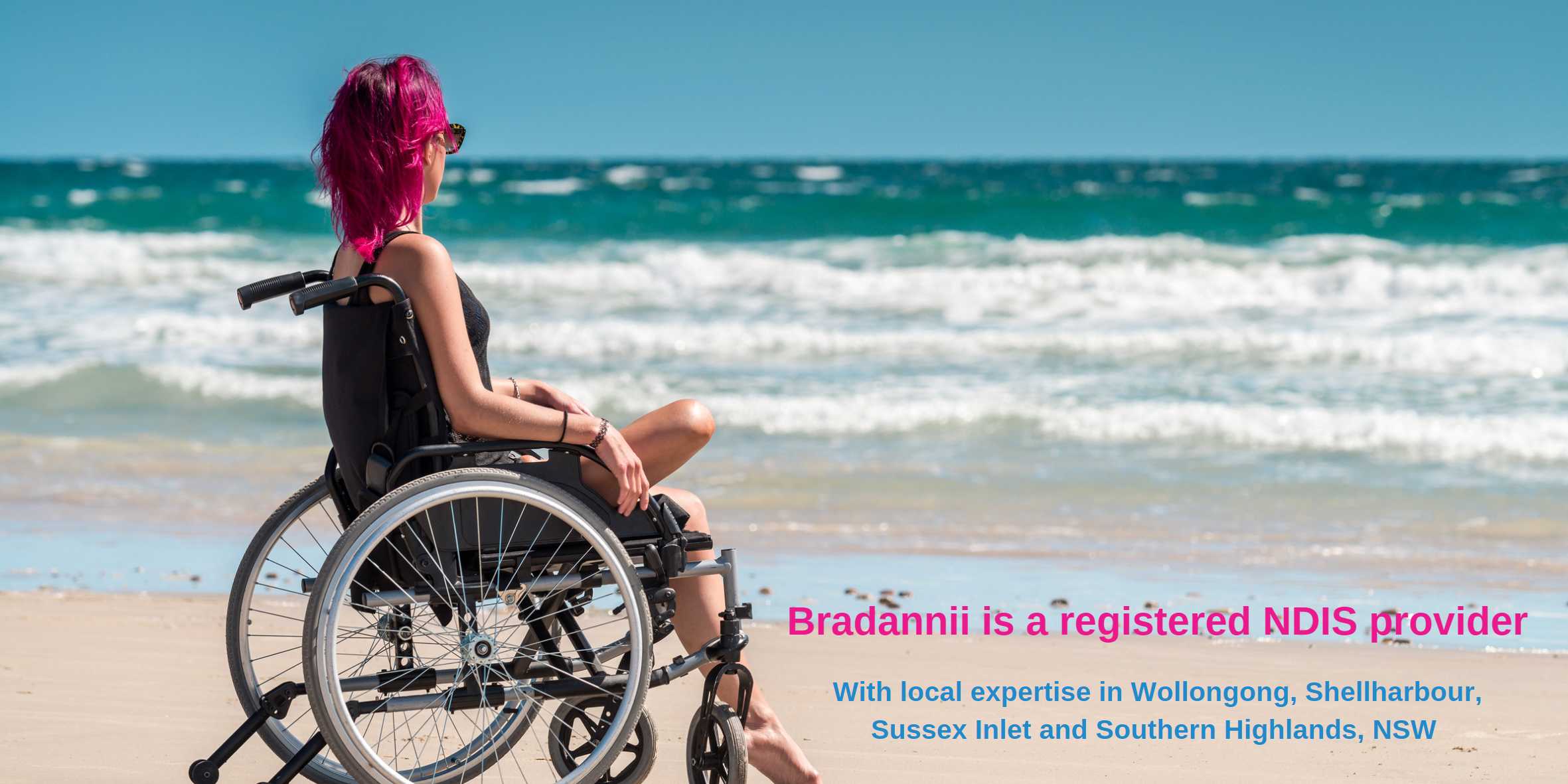Woman in wheelchair on the beach overlayed with bradannii logo